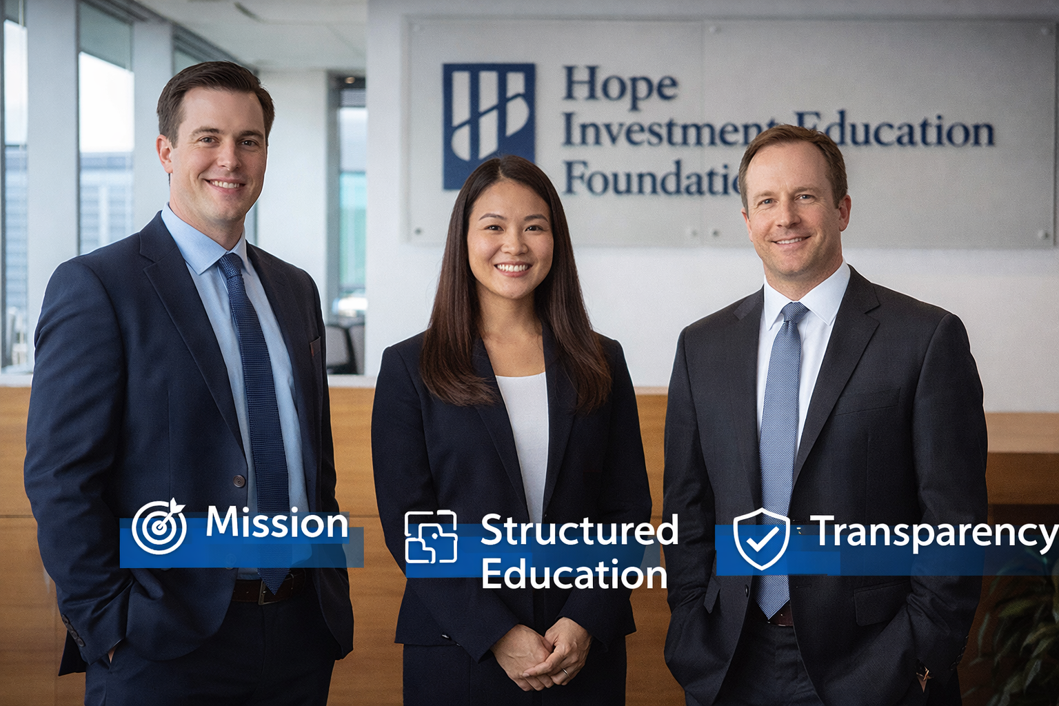 Hope Investment Education Foundation team in a professional corporate office environment highlighting mission, structured education, and transparency