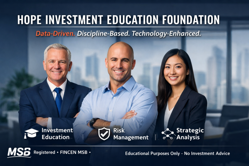 Hope Investment Education Foundation team in a professional corporate office environment, focused on investment education, risk management, strategic analysis, and MSB-compliant financial learning