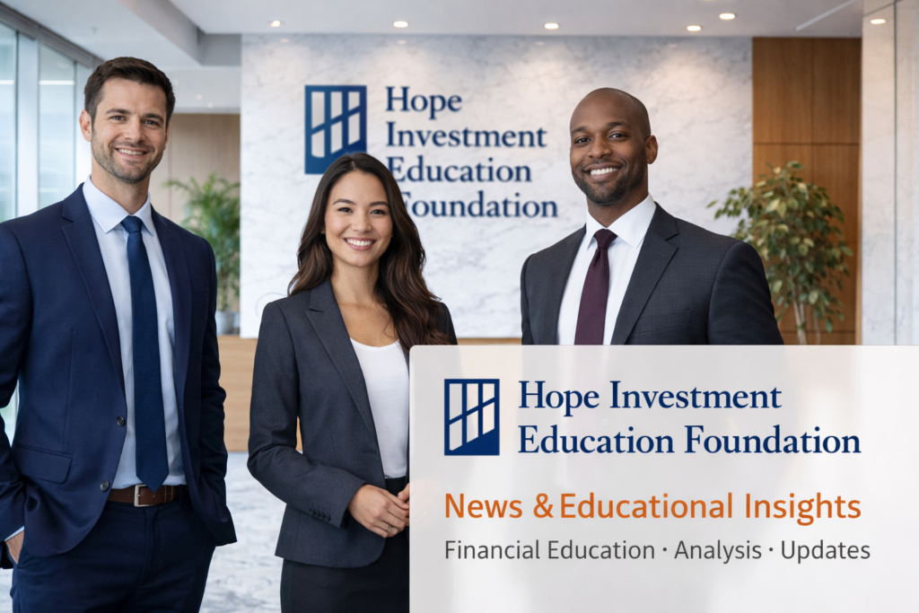 Hope Investment Education Foundation professionals in a modern corporate office environment highlighting news, financial education, and analytical insights