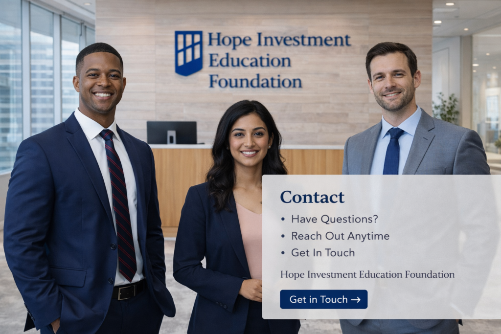 Hope Investment Education Foundation contact page image featuring professionals in a modern corporate office environment with inquiry and communication focus