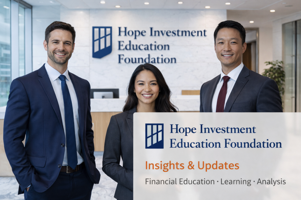 Hope Investment Education Foundation professionals in a modern corporate office environment highlighting educational insights, financial learning, and analysis